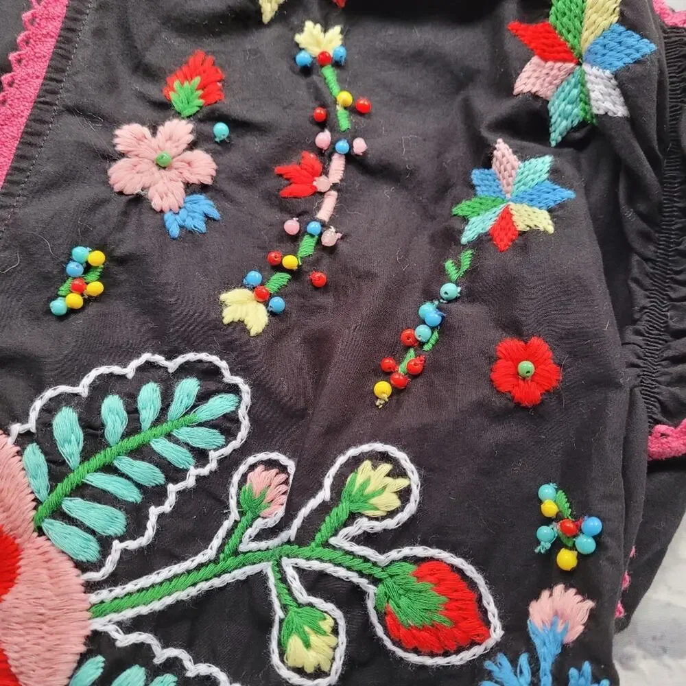NWT Love Moschino Boho Embroidered Beaded Floral Black Dress Puff Sleeves size 6